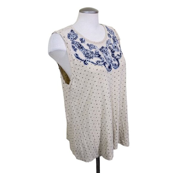 Lucky Brand Tank Top Womens Size XL Linen Blend Beige Blue Applique Diamond Dot - Picture 4 of 8